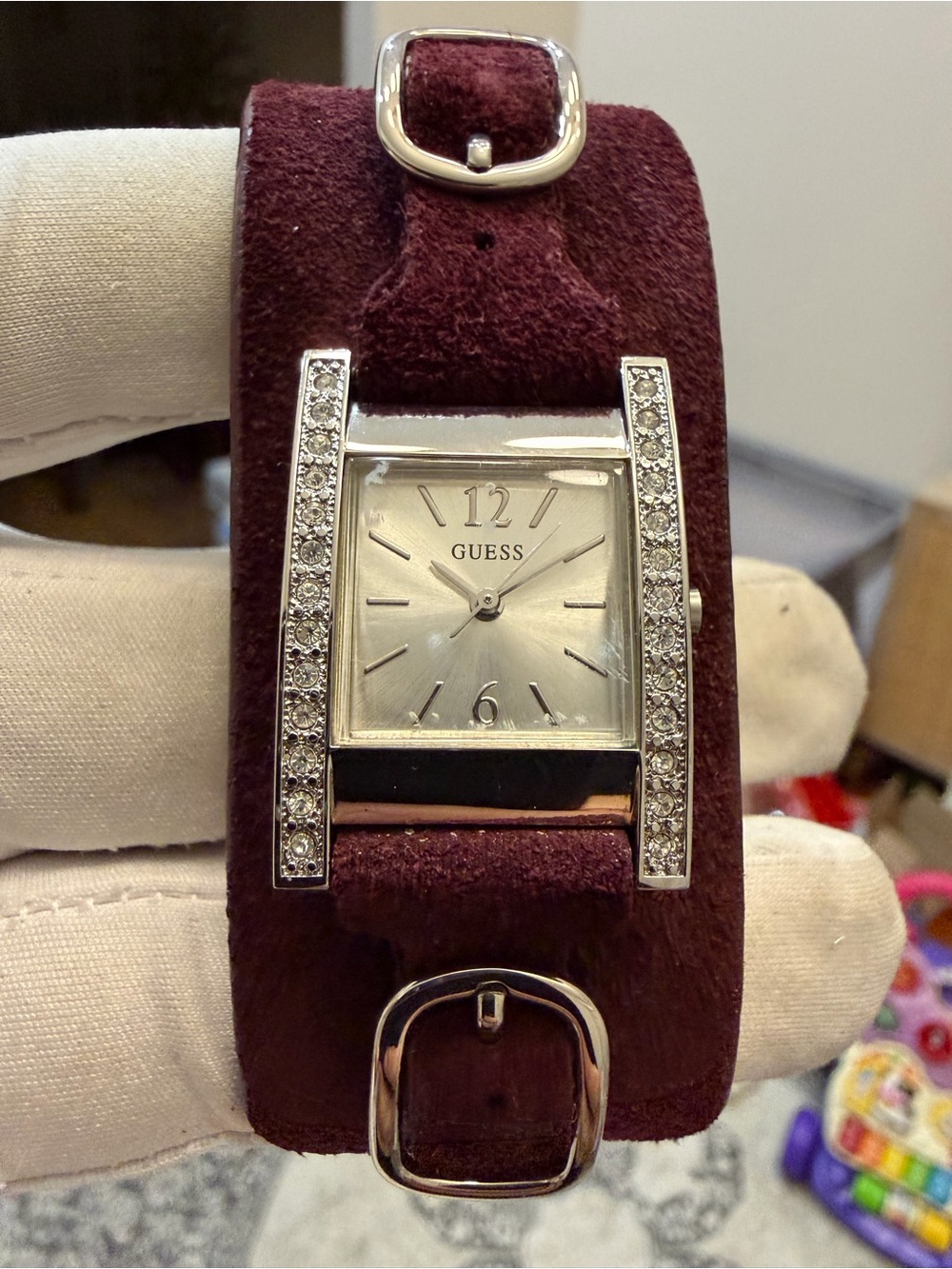 Vintage GUESS G85794L Ladies Cuff Watch Japan Movt Rhinestone Burgundy Suede Y2K